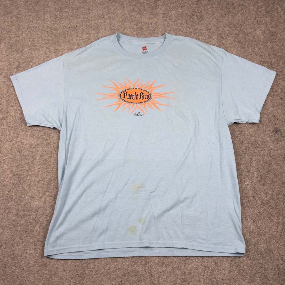 Vintage Y2K Puerto Rico T-Shirt Mens XL Light Blue Graphic Sun Surf Beach Summer